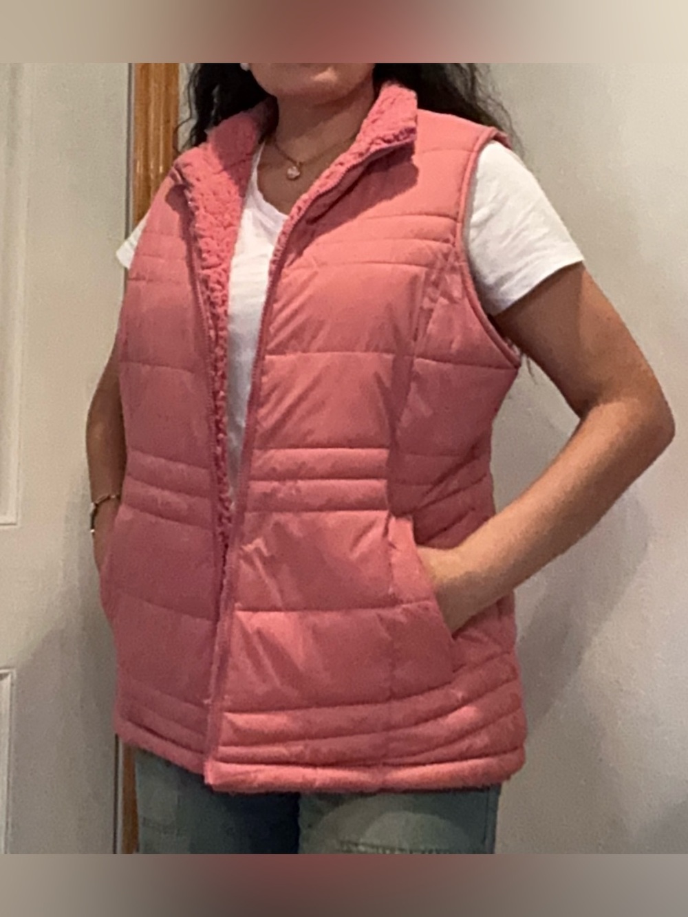 Reversible Quilted Sherpa Vest - Pink